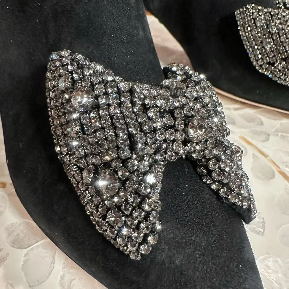 Tory Burch $498 Embellished Crystal Bow Leather Suede Ankle Booties Boots Shoes